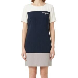 Anthropologie Kachel Gray Ivory Navy Sheath Short Sleeve Scoop Neck Dress Size 2
